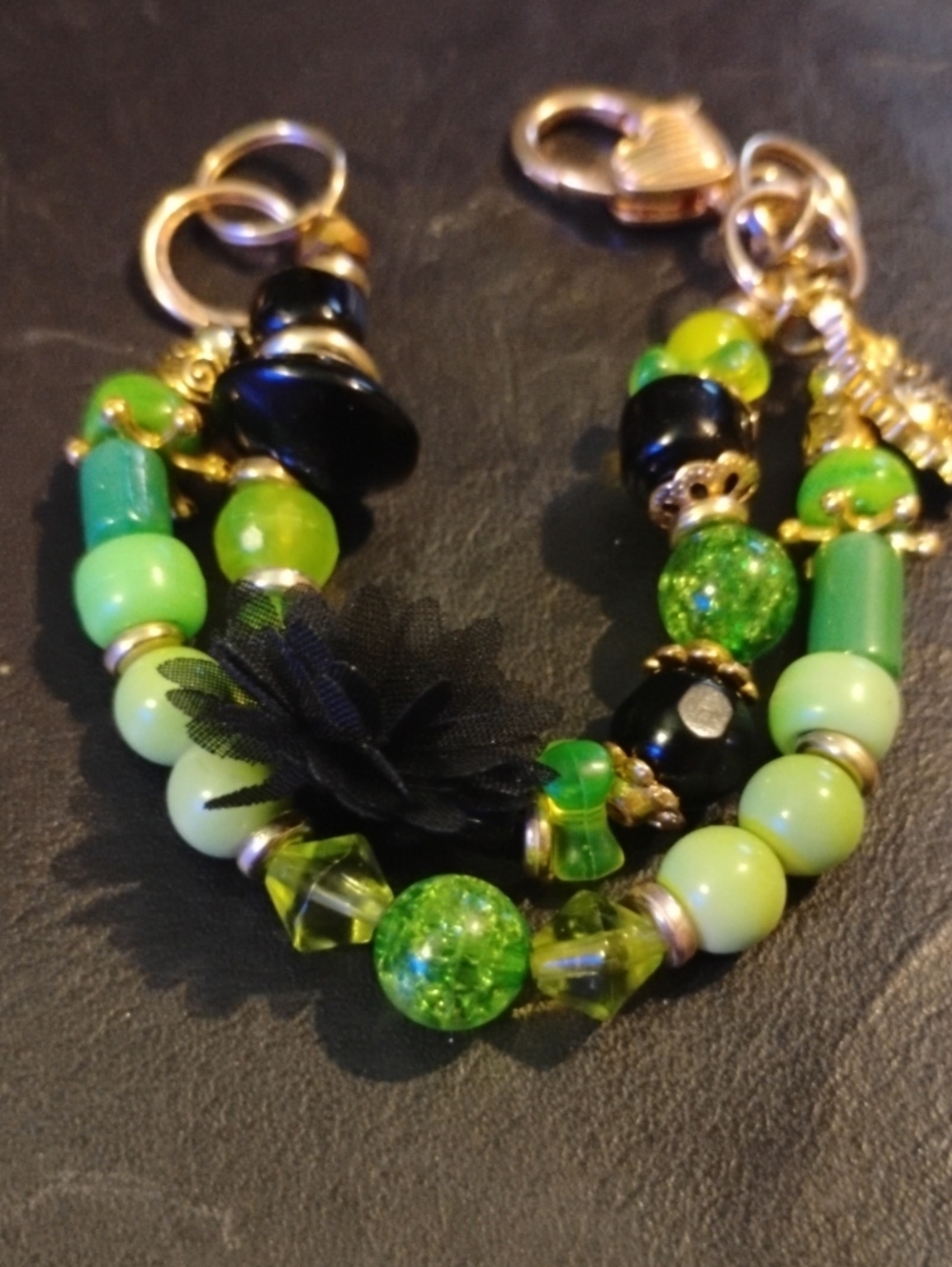 Hand Crafted Lime and Black Beaded Bracelet with Floral Accent
